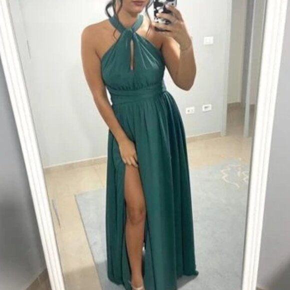 green Flowy Criss Cross Tie Split Thigh Dress - Picture 7 of 8